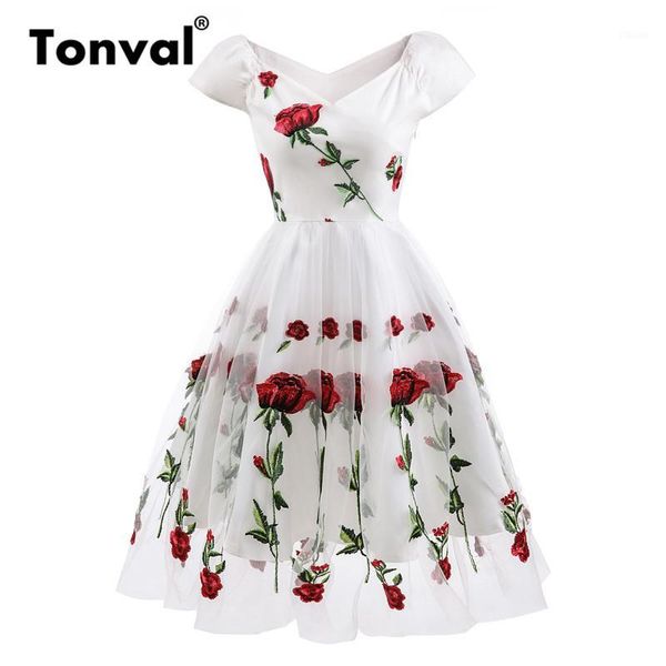 tonval rose flower embroidery v neck elegant dress pleated mesh overlay floral white dresses women vintage style party dress1, White;black
tonval rose flower embroidery v neck elegant dress pleated mesh overlay floral white dresses women vintage style party dress1, White;black