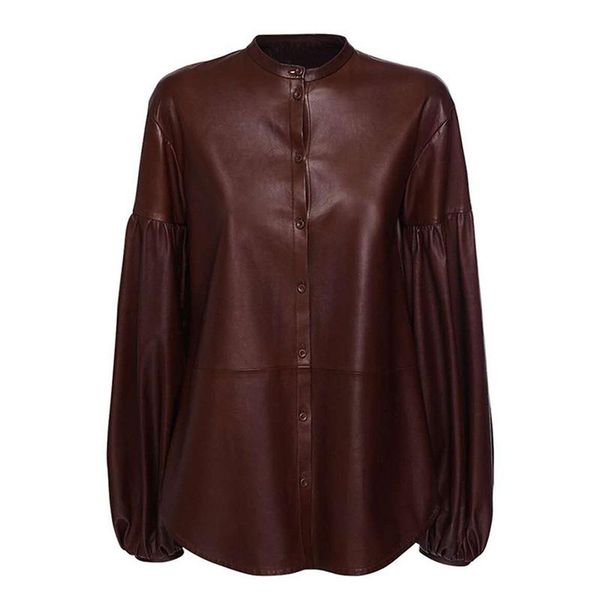 seebeautiful stitching pu leather loose shirt stand puff sleeve single breasted casual new fashion 2020 autumn winter women m456, White 
seebeautiful stitching pu leather loose shirt stand puff sleeve single breasted casual new fashion 2020 autumn winter women m456, White