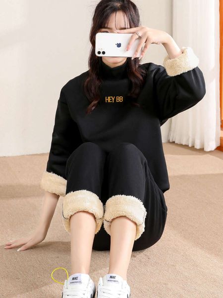 casual sportswear women's winter plush thickened cashmere half high collar sweater set, Gray
casual sportswear women's winter plush thickened cashmere half high collar sweater set, Gray