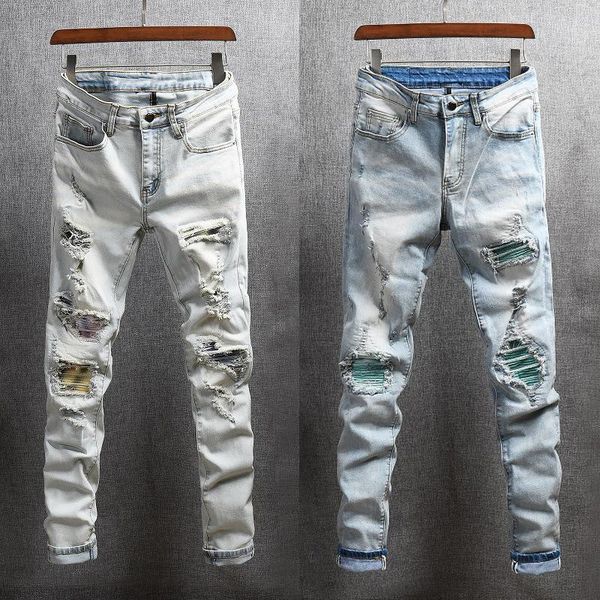 men's jeans american streetwear fashion men elastic cotton destroyed ripped denim punk trousers patches hip hop pants, Blue
men's jeans american streetwear fashion men elastic cotton destroyed ripped denim punk trousers patches hip hop pants, Blue