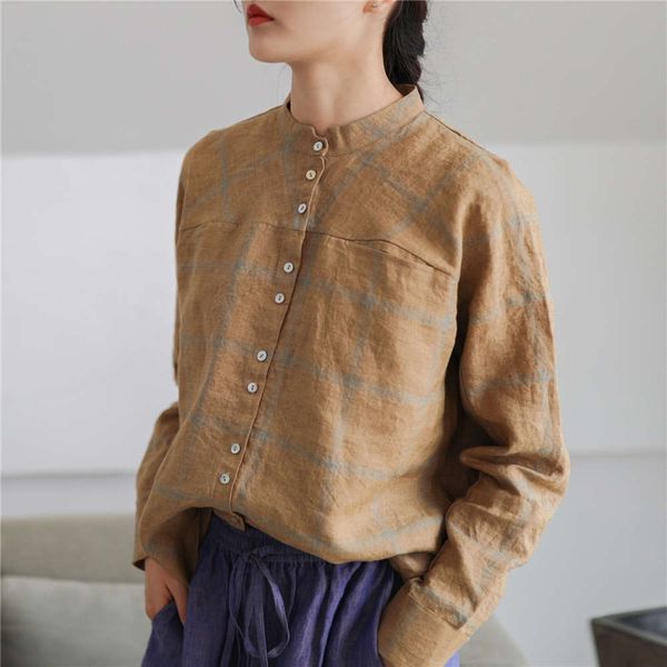 2020 autumn new one old jute yarn linen blue line plaid collar single breasted loose shirt, White
2020 autumn new one old jute yarn linen blue line plaid collar single breasted loose shirt, White