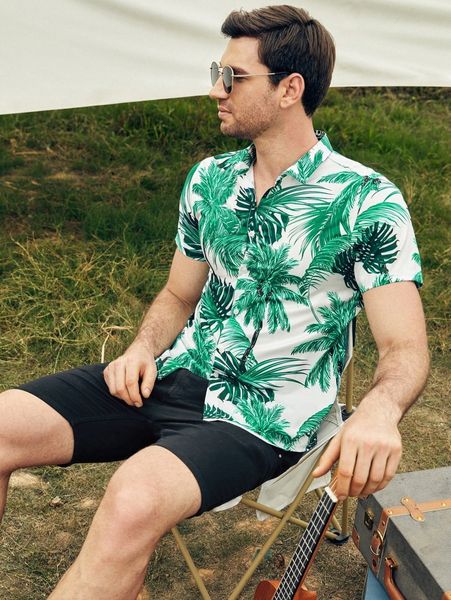 men tropical print button up shirt 34s6#, White;black 
men tropical print button up shirt 34s6#, White;black