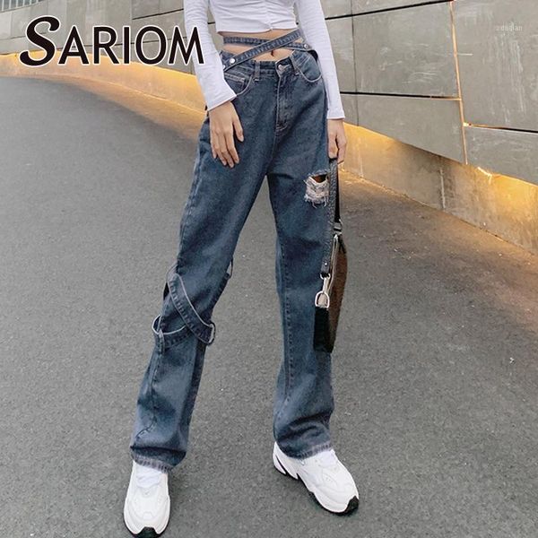 hip hop hole distressed womens jeans 2020 fall cross belt high waist straight pants streetwear denim long trousers capri1, Blue
hip hop hole distressed womens jeans 2020 fall cross belt high waist straight pants streetwear denim long trousers capri1, Blue