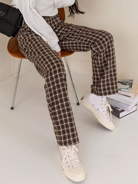 dazy high waist plaid straight leg pants 54cz#, Black;white 
dazy high waist plaid straight leg pants 54cz#, Black;white