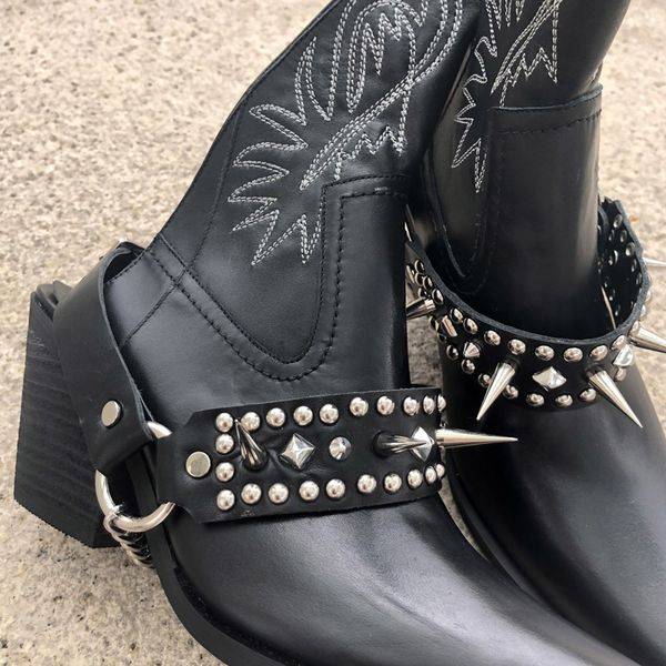 rivets pins buckled punk's women's calls sewed ankle metal woman chain's chunky slingback heels short boots ppqc, Black
rivets pins buckled punk's women's calls sewed ankle metal woman chain's chunky slingback heels short boots ppqc, Black