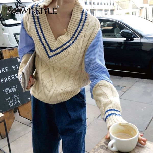 twotwinstyle patchwork hit color knitting pullovers female v neck long sleeve casual autumn sweaters for women fashion new y200720, White;black
twotwinstyle patchwork hit color knitting pullovers female v neck long sleeve casual autumn sweaters for women fashion new y200720, White;black