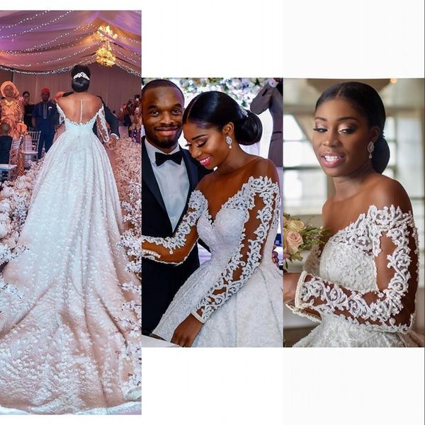 2021 luxury new a line wedding dresses sheer long sleeves off shoulder lace appliques crystal beads flowers ball gown formal bridal gowns, White
2021 luxury new a line wedding dresses sheer long sleeves off shoulder lace appliques crystal beads flowers ball gown formal bridal gowns, White