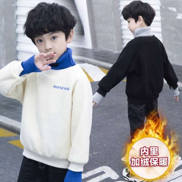plush boys' autumn winter and thickened woolen stitching high collar sweater with children's letters embroidered bottom coat, Black
plush boys' autumn winter and thickened woolen stitching high collar sweater with children's letters embroidered bottom coat, Black