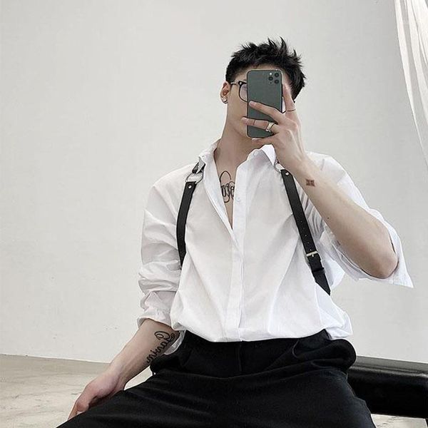 men shoulders leather belt long sleeve casual shirts male fashion hip hop vintage loose shirts stage clothes1, White;black
men shoulders leather belt long sleeve casual shirts male fashion hip hop vintage loose shirts stage clothes1, White;black
