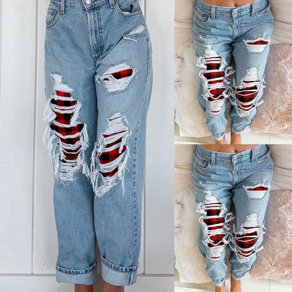 women's jeans loose csual denim pants women red plaid patchwork ripped fashion ladies streetwear straight holes trousers d30, Blue
women's jeans loose csual denim pants women red plaid patchwork ripped fashion ladies streetwear straight holes trousers d30, Blue