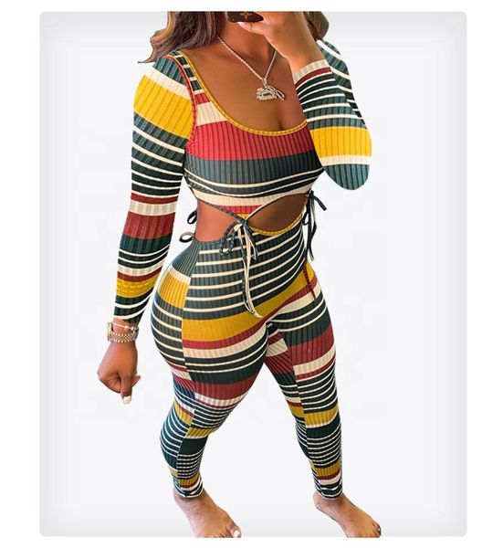 2020 women's full sleeve printed striped colour 2 piece sets fitness knitted clothes fall outfits lace up bodycon bodysuit, Gray
2020 women's full sleeve printed striped colour 2 piece sets fitness knitted clothes fall outfits lace up bodycon bodysuit, Gray