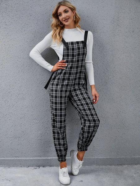 plaid suspender jumpsuit without e9l7#, White 
plaid suspender jumpsuit without e9l7#, White