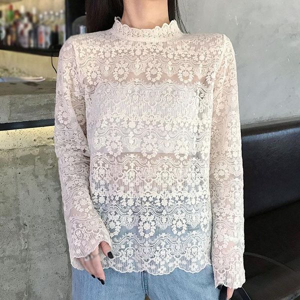 women's half high neck embroidered flower exquisite lace shirt super fairy hollow out bottoming shirt, White
women's half high neck embroidered flower exquisite lace shirt super fairy hollow out bottoming shirt, White