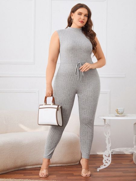 plus mock neck rib-knit tie front skinny jumpsuit b5uk#, Black 
plus mock neck rib-knit tie front skinny jumpsuit b5uk#, Black