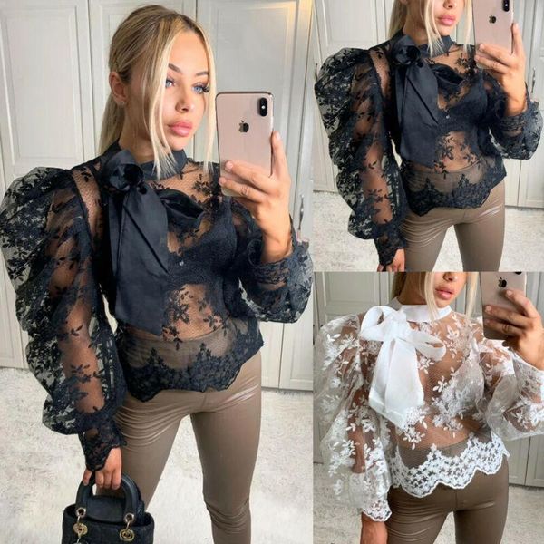 fashion women's blouse bow neck crochet sheer mesh long puff sleeve shirt loose casual blouse streetwear, White
fashion women's blouse bow neck crochet sheer mesh long puff sleeve shirt loose casual blouse streetwear, White