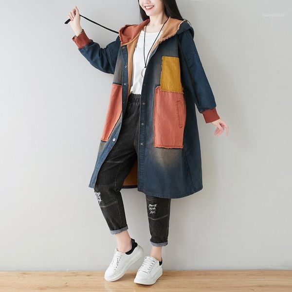 women's trench coats women loose hooded patchworh coat outerwear ladies vintage plus size denim female 2021 spring autumn overcoat1, Tan;black
women's trench coats women loose hooded patchworh coat outerwear ladies vintage plus size denim female 2021 spring autumn overcoat1, Tan;black
