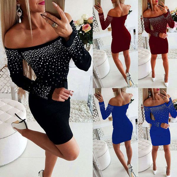 2019 new off shoulder drill slim dress, Black;gray