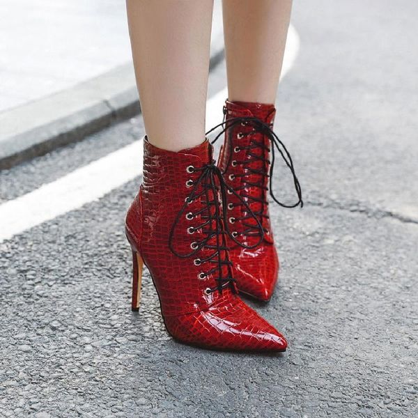 boots ladies pointed snake print patent leather high heel fashion trend lace up women's plus size short, Black
boots ladies pointed snake print patent leather high heel fashion trend lace up women's plus size short, Black