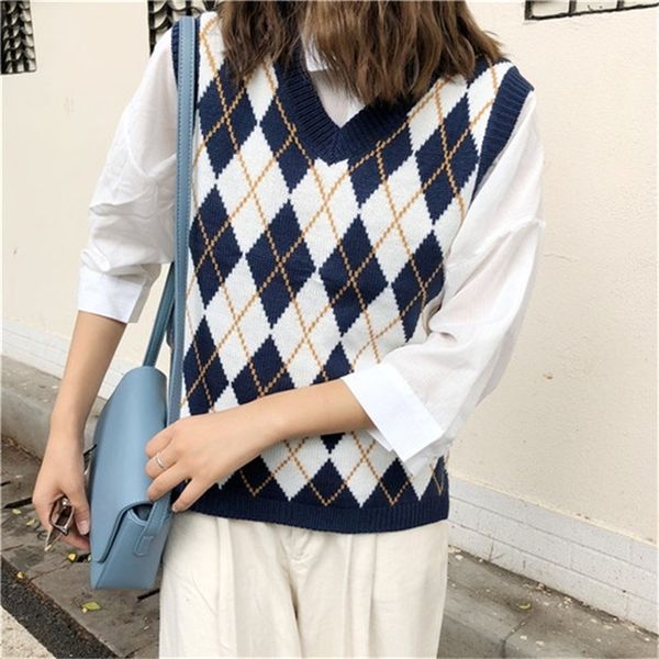 women sleeveless pullover england style vintage geometric rhombic v neck knitted sweater vest knitwear waistcoat blue t441 201111, White;black
women sleeveless pullover england style vintage geometric rhombic v neck knitted sweater vest knitwear waistcoat blue t441 201111, White;black
