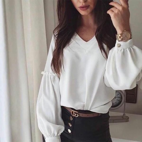 v-neck straight lantern sleeve solid blouse button ruffles elegant and blouse autumn fashion office lady women casual, White
v-neck straight lantern sleeve solid blouse button ruffles elegant and blouse autumn fashion office lady women casual, White