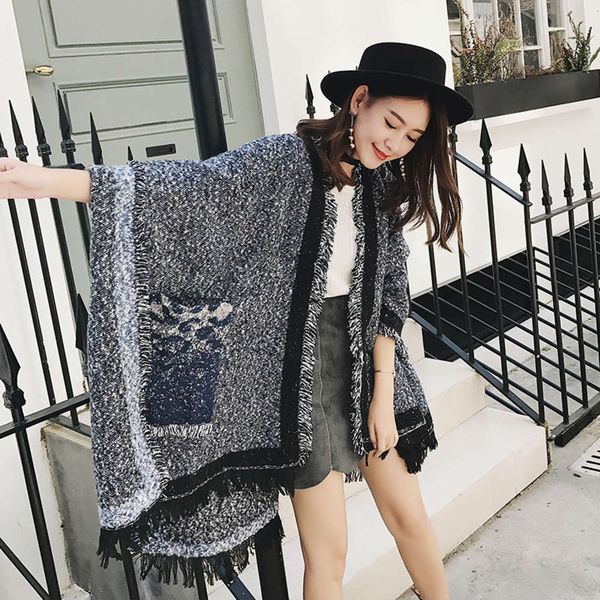 large split long autumn and winter cape warm coat tassel dual purpose thickened scarf female, Blue;black
large split long autumn and winter cape warm coat tassel dual purpose thickened scarf female, Blue;black