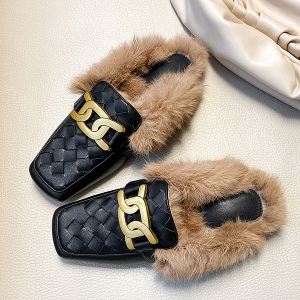 new designer genuine leather mules shoes women metal chain rabbit fur loafers weave flats shoe brand beige slippers, Black
new designer genuine leather mules shoes women metal chain rabbit fur loafers weave flats shoe brand beige slippers, Black