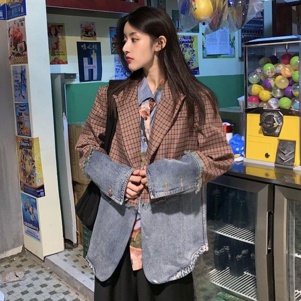 women's suits & blazers 2021 autumn stitching suit retro plaid denim fashion clothing, White;black
women's suits & blazers 2021 autumn stitching suit retro plaid denim fashion clothing, White;black