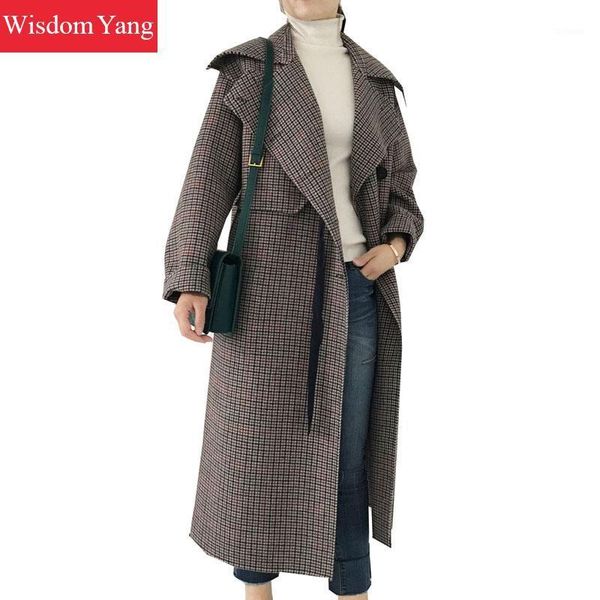 

elegant grey plaid womens sheep wool coats woman winter loose windbreaker 2018 female xlong woolen overcoat lady coat outerwear1, Black