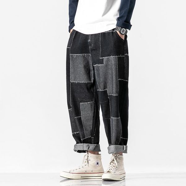 men patch design loose casual denim ankle length harem pant male japan streetwear hip hop jeans trousers1, Blue
men patch design loose casual denim ankle length harem pant male japan streetwear hip hop jeans trousers1, Blue