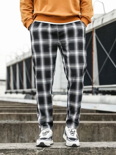 men plaid slant pockets drawstring waist pants d5ex#, Black
men plaid slant pockets drawstring waist pants d5ex#, Black