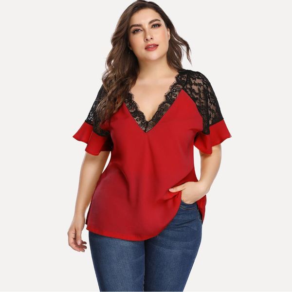 women plus size lace patchwork t shirt women short sleeve top, White 
women plus size lace patchwork t shirt women short sleeve top, White