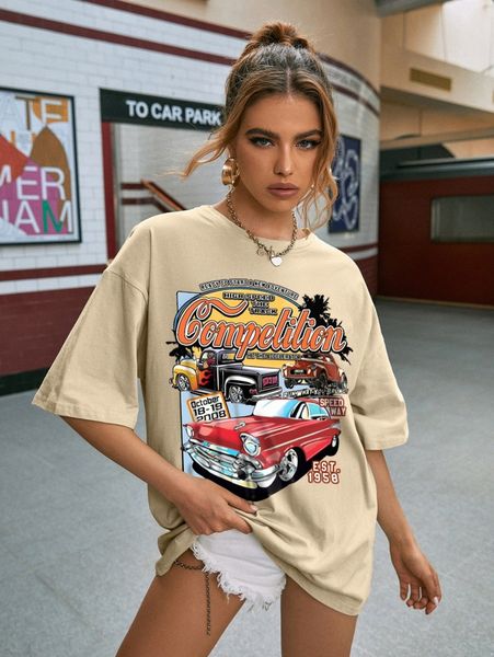 car & slogan graphic drop shoulder tee f39z#, White