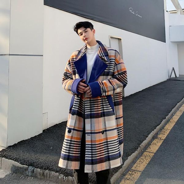 men's wool & blends m-xlautumn and winter chao style british long double-breasted color-matching plaid woolen coat loose trench ja1, Black
men's wool & blends m-xlautumn and winter chao style british long double-breasted color-matching plaid woolen coat loose trench ja1, Black