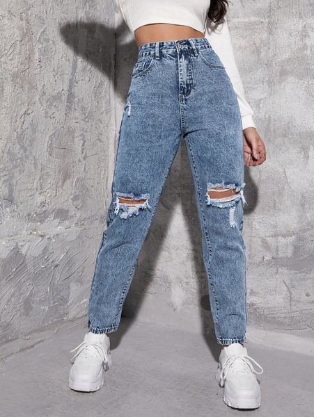 high waist ripped mom jeans m9un#, Blue