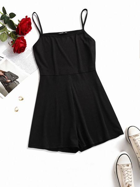 plus ribbed knit cami romper h48o#, Black 
plus ribbed knit cami romper h48o#, Black