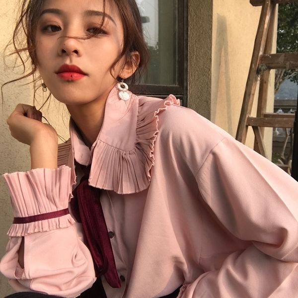 korean style pleated ruffles peter pan collar young girls fashion chiffon shirts women long flare sleeve sweet blouse loose y200828, White
korean style pleated ruffles peter pan collar young girls fashion chiffon shirts women long flare sleeve sweet blouse loose y200828, White