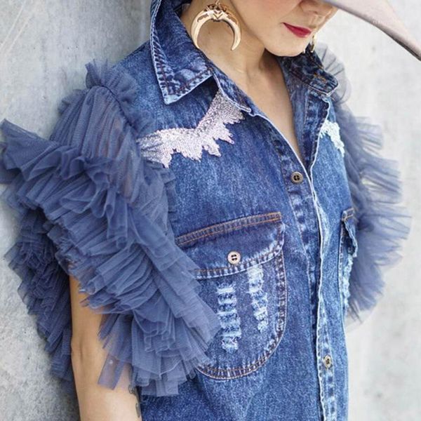 women's blouses & shirts 2021 mesh sleeve trend wear denim women lace decor lotus leaf blouse pocket patchwork fashion japanese style1, White
women's blouses & shirts 2021 mesh sleeve trend wear denim women lace decor lotus leaf blouse pocket patchwork fashion japanese style1, White