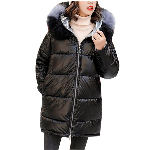 women's winter casual mid-length coat fashion outerwear glossy long over-the-knee hooded thick padded jacket oversize coat q1214, Black
women's winter casual mid-length coat fashion outerwear glossy long over-the-knee hooded thick padded jacket oversize coat q1214, Black