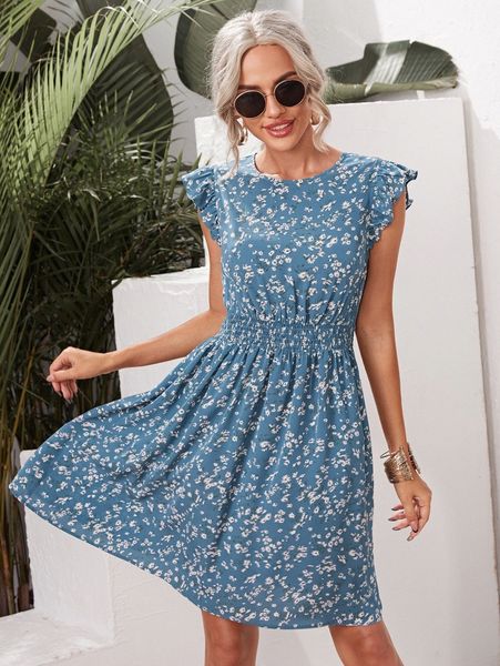 ruffle trim shirred waist ditsy floral dress 87eq#, Black;gray