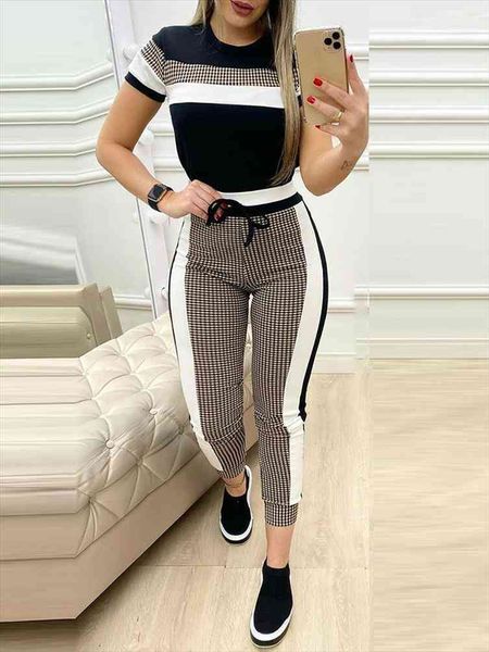 plaid striped short sleeve tape amp drawstring pants set casual basic women two piece set, White
plaid striped short sleeve tape amp drawstring pants set casual basic women two piece set, White