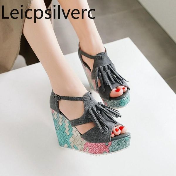 dress shoes women's sandals summer the fashion open toe buckle color matching tassel wedge high heel 34-39, Black
dress shoes women's sandals summer the fashion open toe buckle color matching tassel wedge high heel 34-39, Black