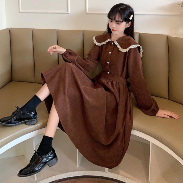 

casual dresses japanese doll collar loose lolita thin retro niche french corduroy long sleeve dress female autumn and winter style, Black;gray