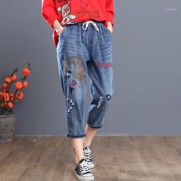 women vintage embroidered jeans ripped denim harem pants casual ladies lace up elastic waist trouser blue calf-length jean femme1
women vintage embroidered jeans ripped denim harem pants casual ladies lace up elastic waist trouser blue calf-length jean femme1