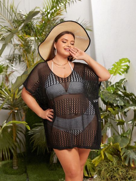 plus plain hollow out crochet cover up m76k#, Black