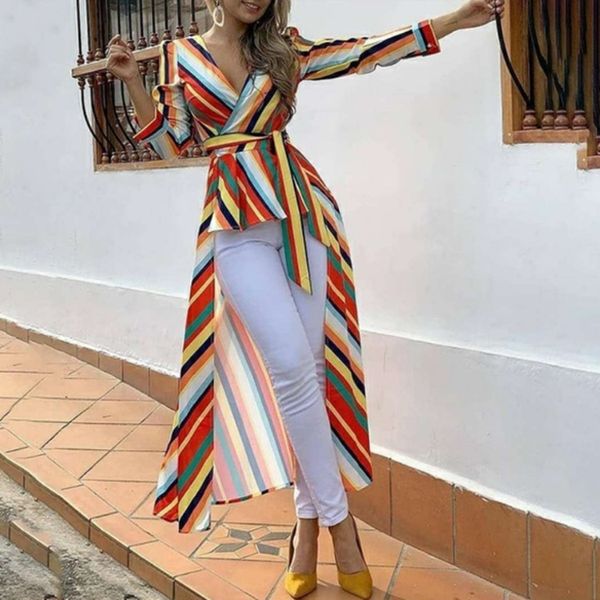 womens rainbow striped tshirt irregular v neck long sleeve tees with sashes ladies slim long hem top, White
womens rainbow striped tshirt irregular v neck long sleeve tees with sashes ladies slim long hem top, White
