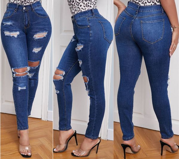 women's wear 2020 new pierced dark tight leg jeans, Blue