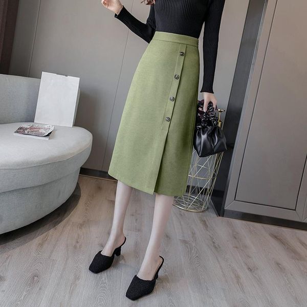 work women midi skirts korean style button front office split solid green black ladies high waist autumn a-line skirt female
work women midi skirts korean style button front office split solid green black ladies high waist autumn a-line skirt female