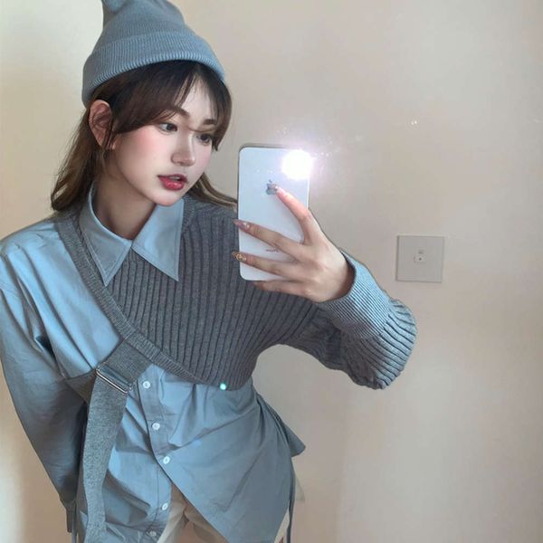 personalized lapel folding shoulder sweater blue shirt women's dign, White
personalized lapel folding shoulder sweater blue shirt women's dign, White