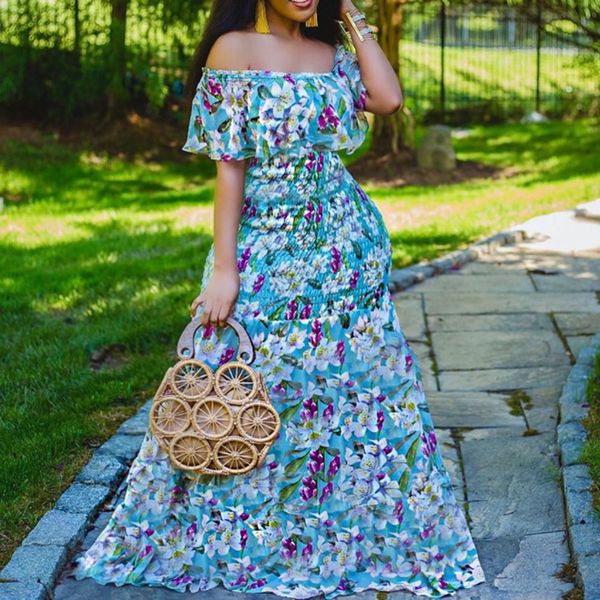 2021 print bohemian floral beach women outside the blue shoulder sweet feast dressed long robes african boho summer trips 22yv, Black;gray
