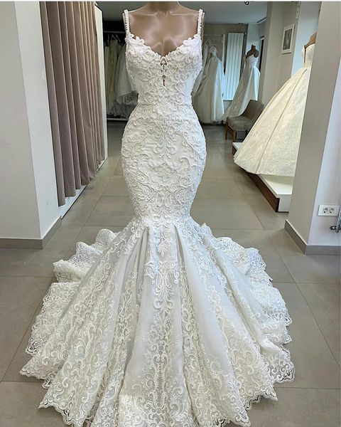 2021 luxury mermaid wedding dresses sweep train spaghetti beaded lace beach wedding dress custom made long robe de mariee, White
2021 luxury mermaid wedding dresses sweep train spaghetti beaded lace beach wedding dress custom made long robe de mariee, White